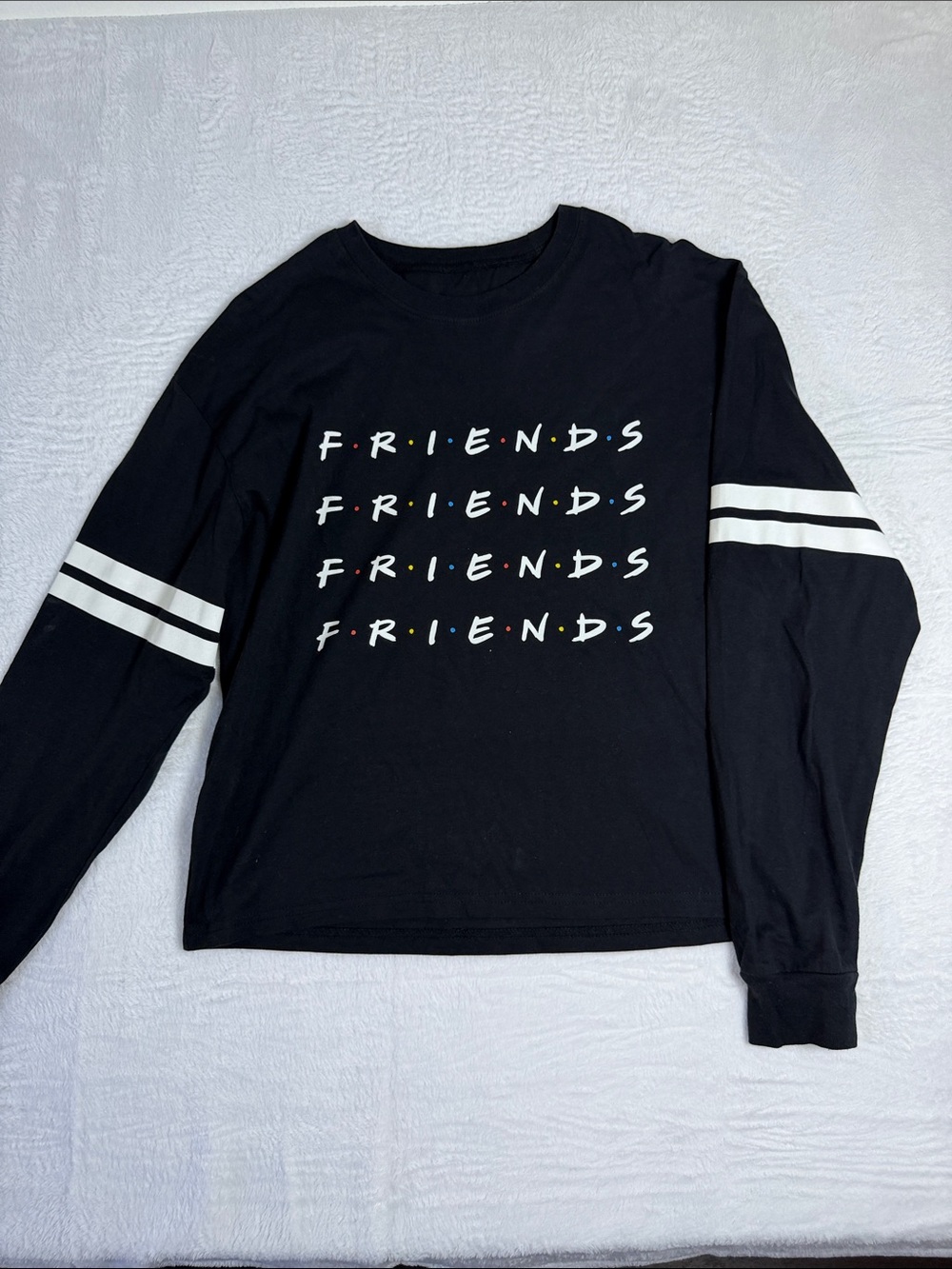 Black 'FRIENDS' Logo Long Sleeve Tee with White Sleeve Stripes Size Medium